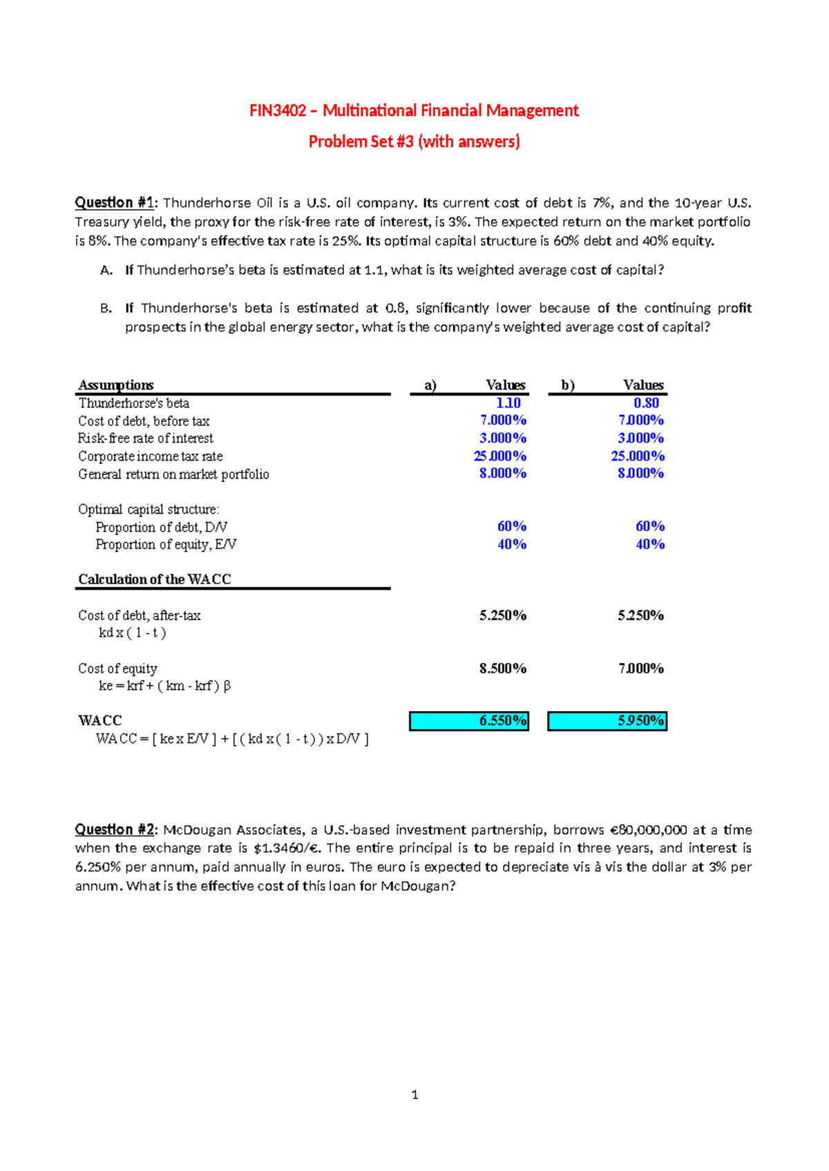FIN3402 Problem Set #3 with Answers on WACC & International Finance ...