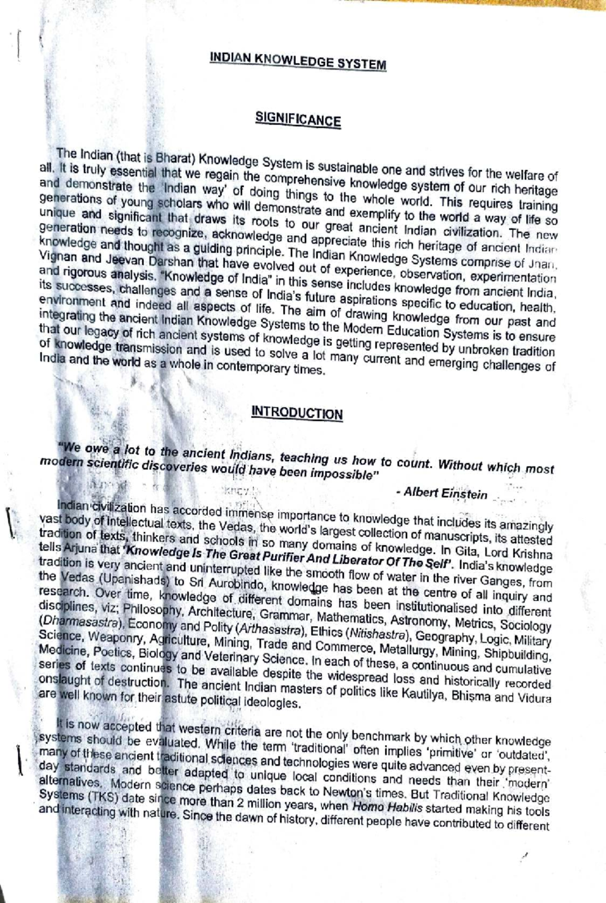 IKS 101: Notes on the Significance of Indian Knowledge Systems - Studocu