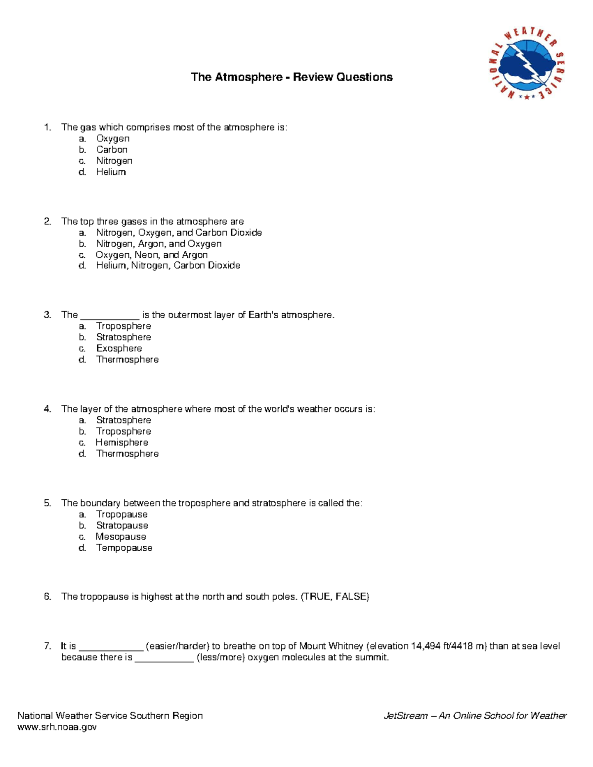 Atmosphere Quiz Review Questions for Weather Studies (Course Code ...