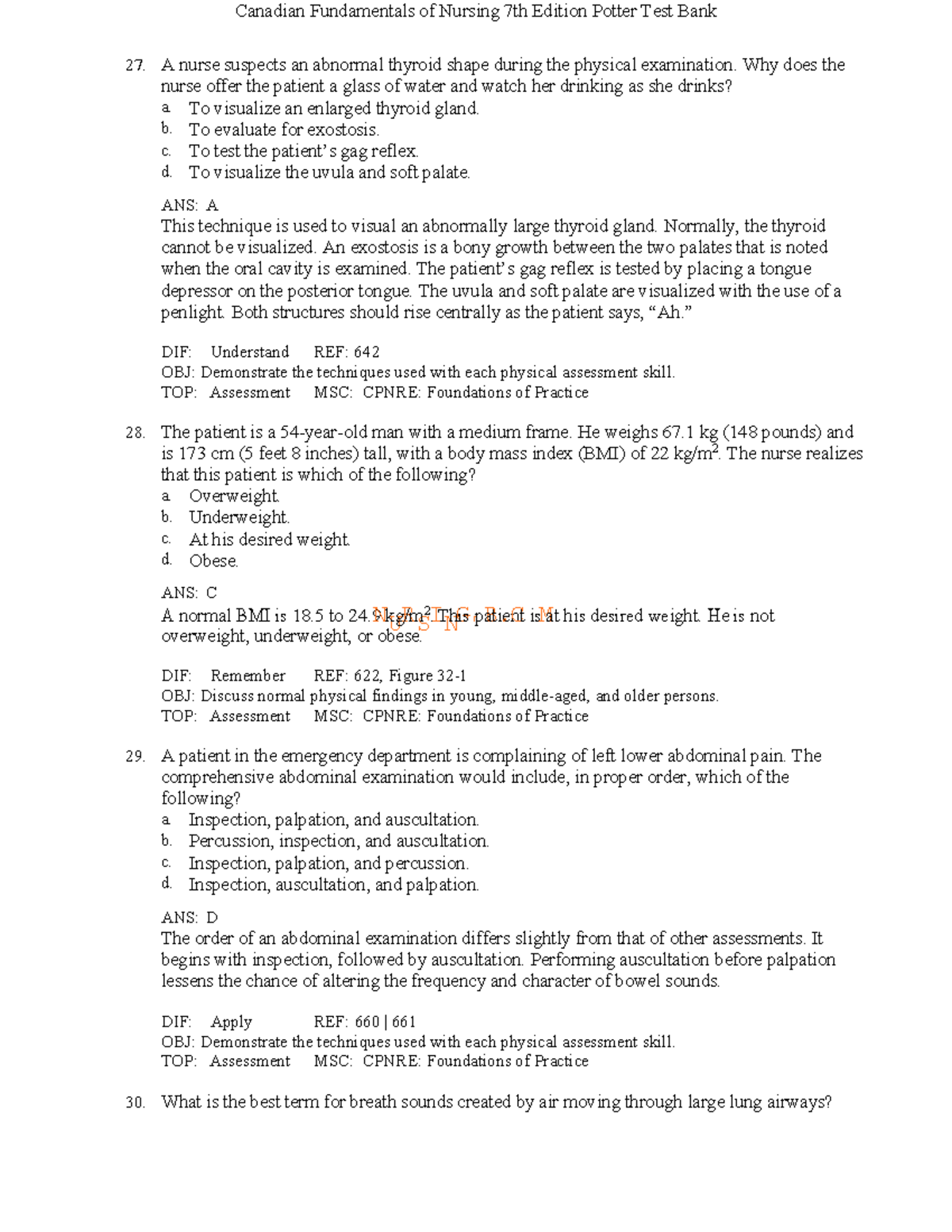 Canadian Fundamentals of Nursing 7th Ed. Potter Test Bank 27-30 - Studocu