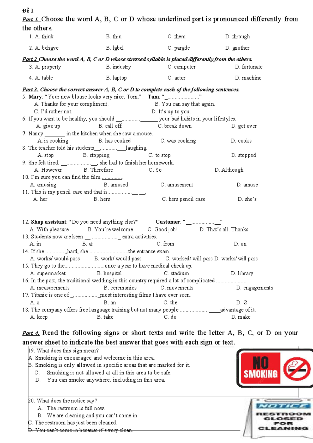 E9-ĐỀ ÔN LUYỆN THÊM - Practice Test for Grade 9 Students - Studocu