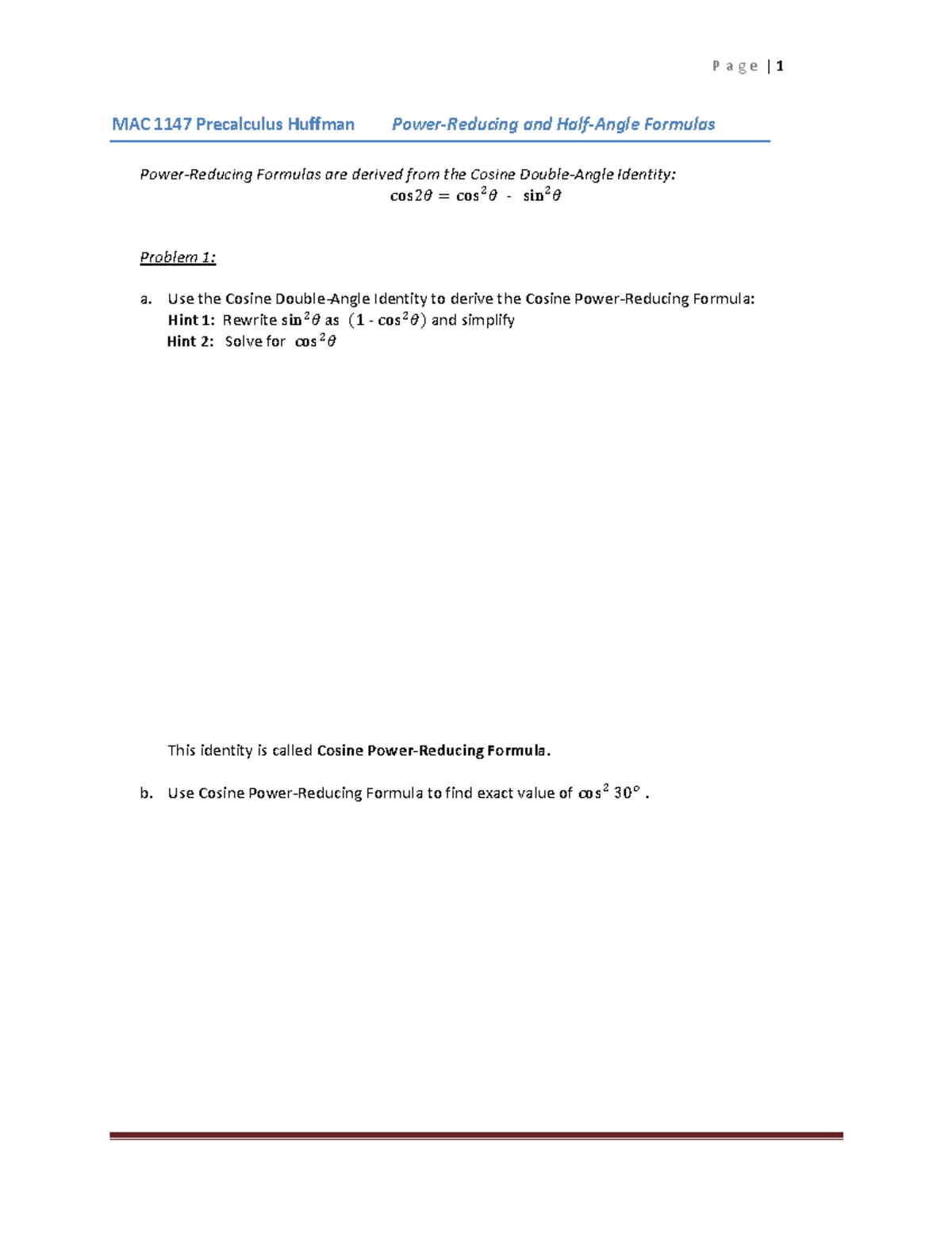 MAC 1147 Precalculus: Power-Reducing & Half-Angle Formulas Notes - Studocu