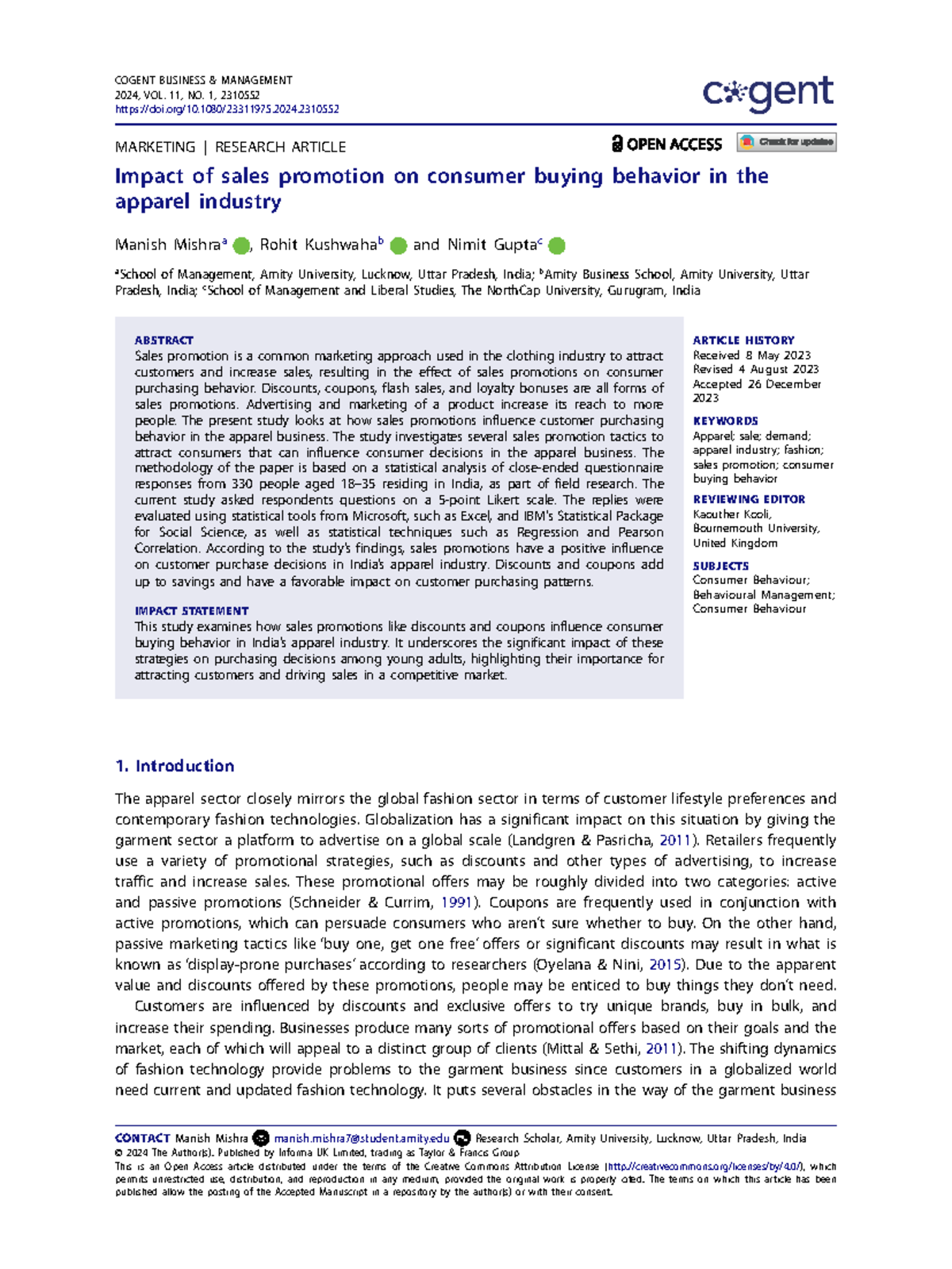 Impact of Sales Promotion on Consumer Buying Behavior in Apparel ...