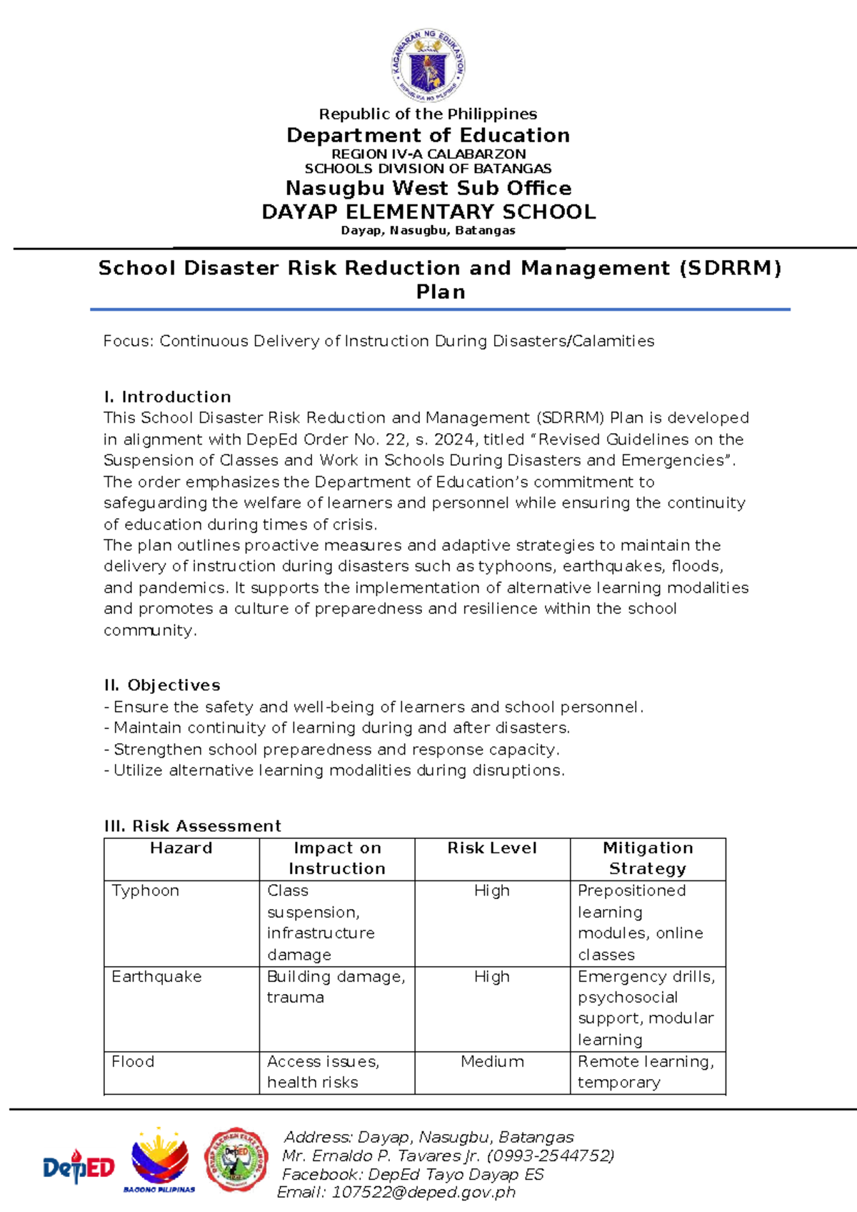 SDRRM Plan for Dayap Elementary School: Ensuring Learning Continuity ...