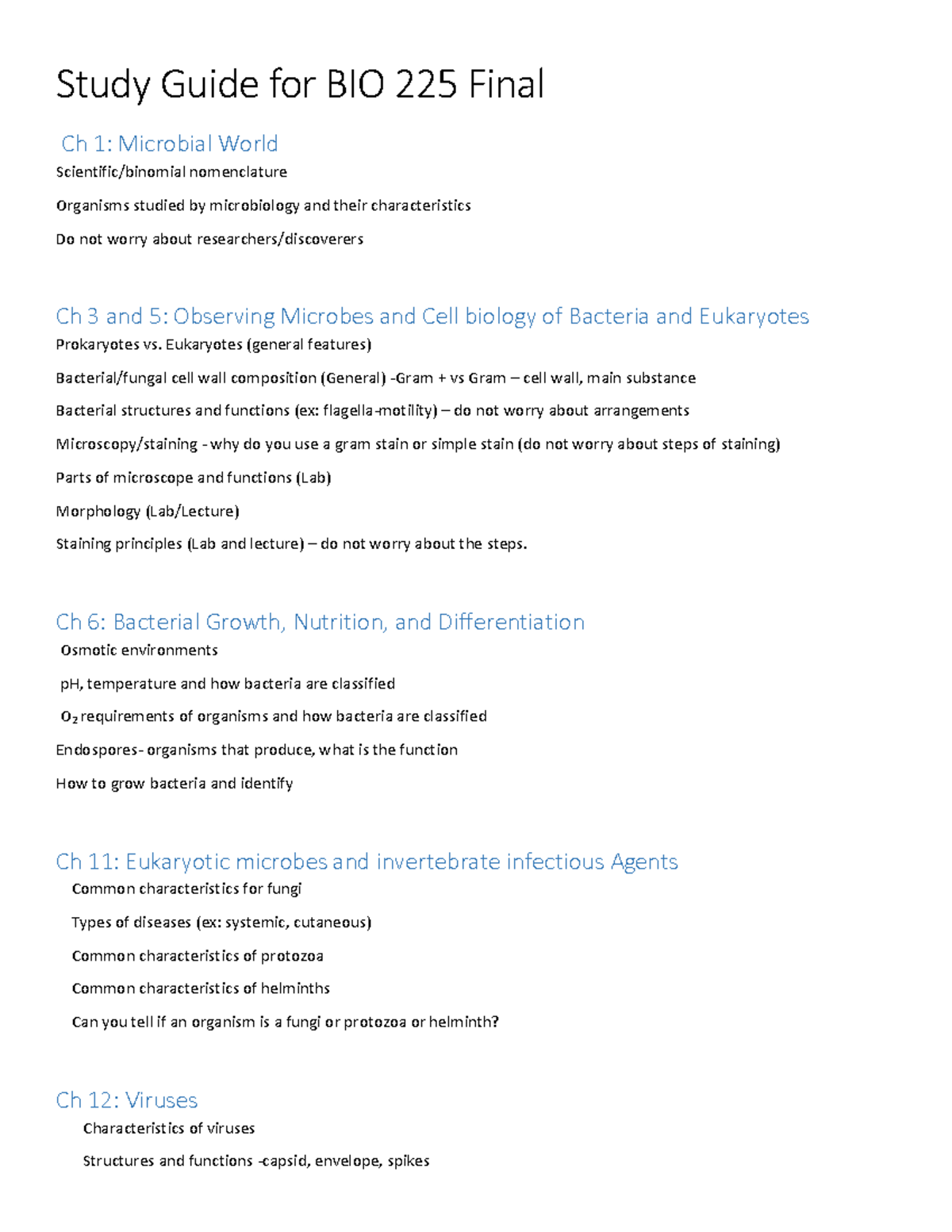 Final Study Outline for BIO 225: Microbiology Concepts and Key Topics ...
