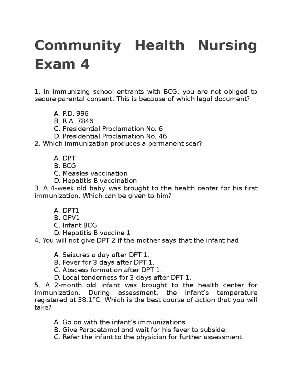 Community Health Nursing Exam 4 Review Questions and Answers - Studocu
