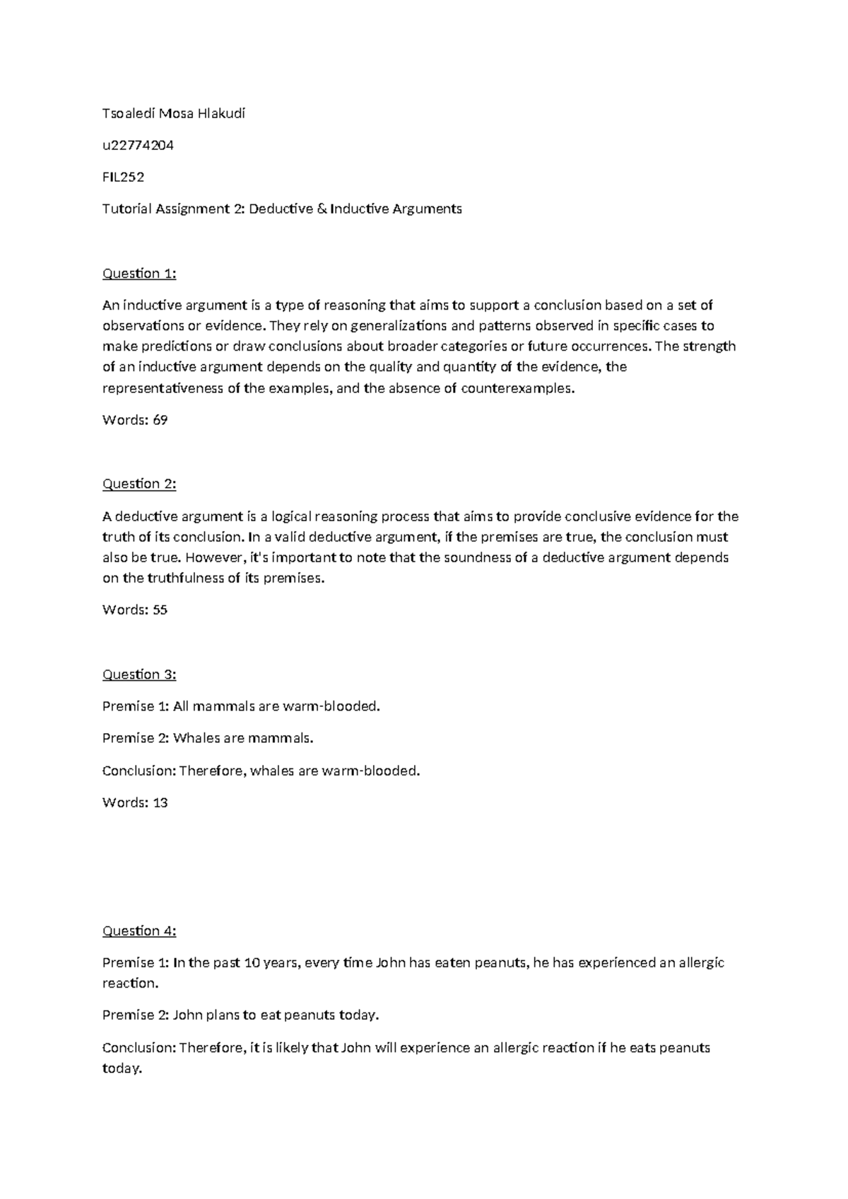 FIL252 Tutorial 2: Deductive vs Inductive Arguments Explored - Studocu