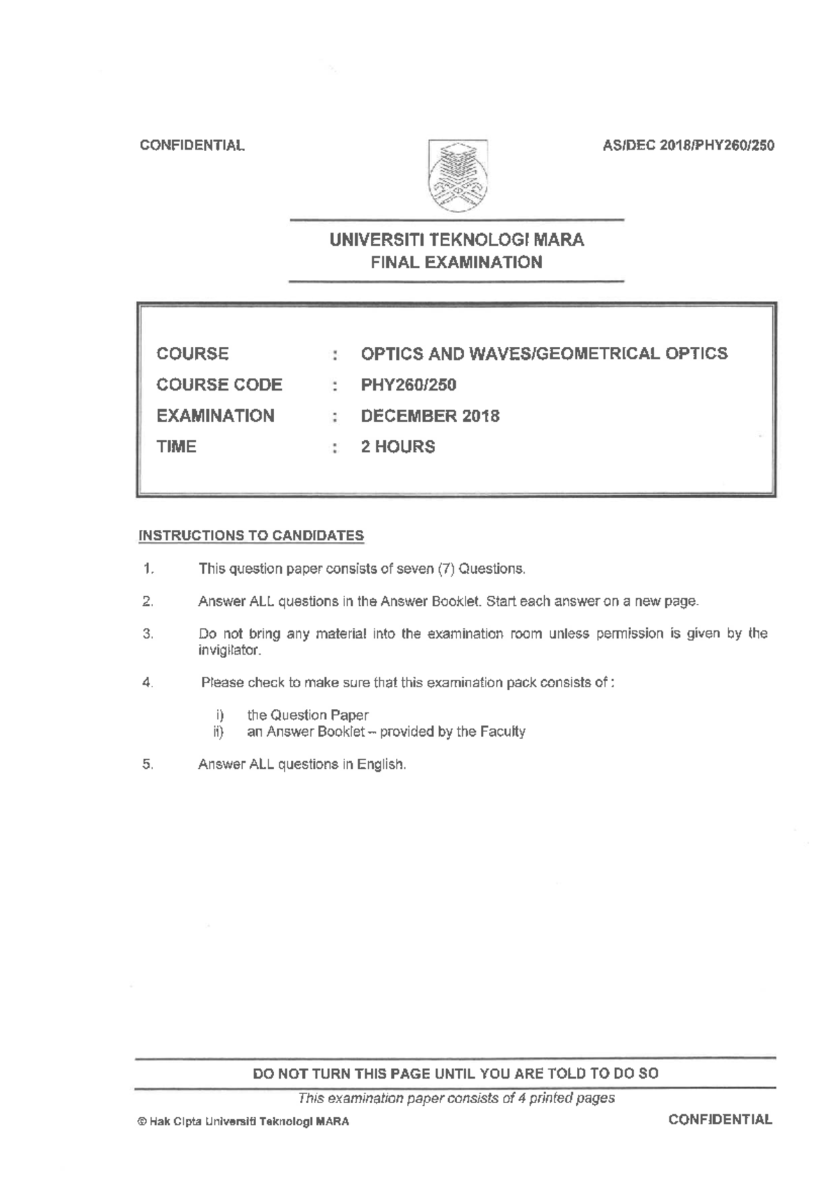 PHY260 Final Exam - Optics December 2018 Question Paper - Studocu