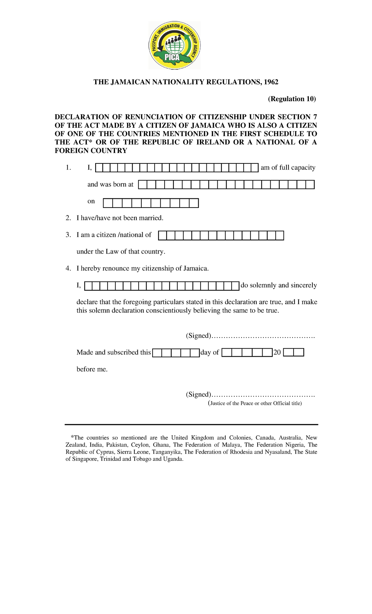 Renunciation Form Under Jamaican Nationality Regulations 1962 - Studocu