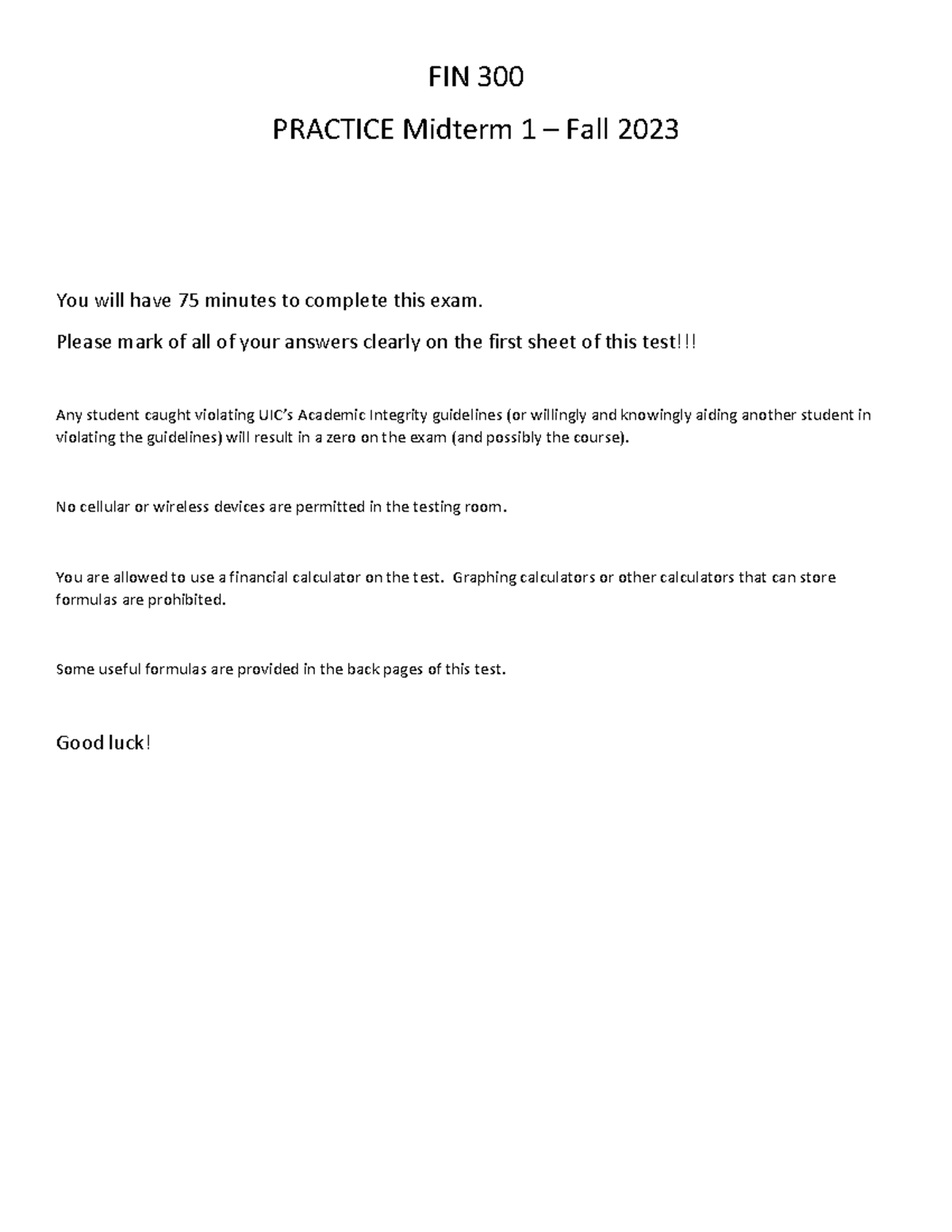 FIN 300 - Practice Midterm Exam 1 - Fall 2023 Summary Guide - Studocu
