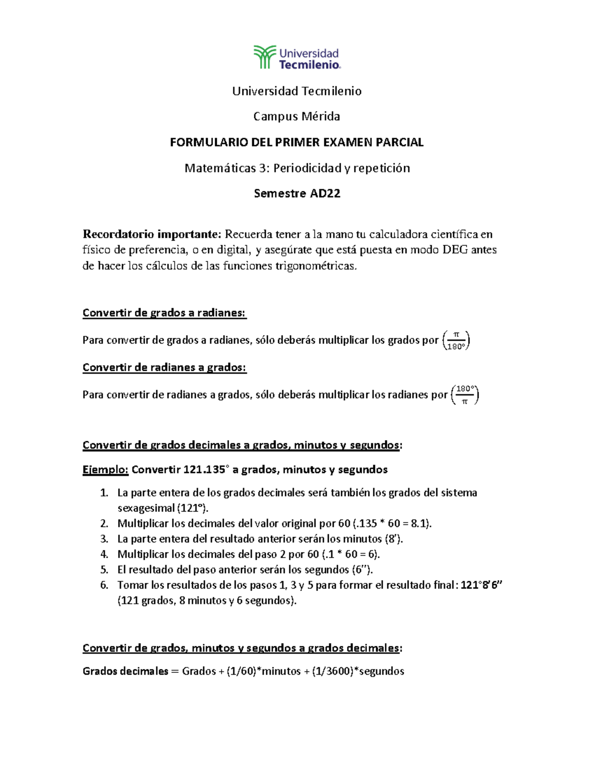 Formulario Matemáticas III: Exámenes Parciales Semestre AD22 - Studocu