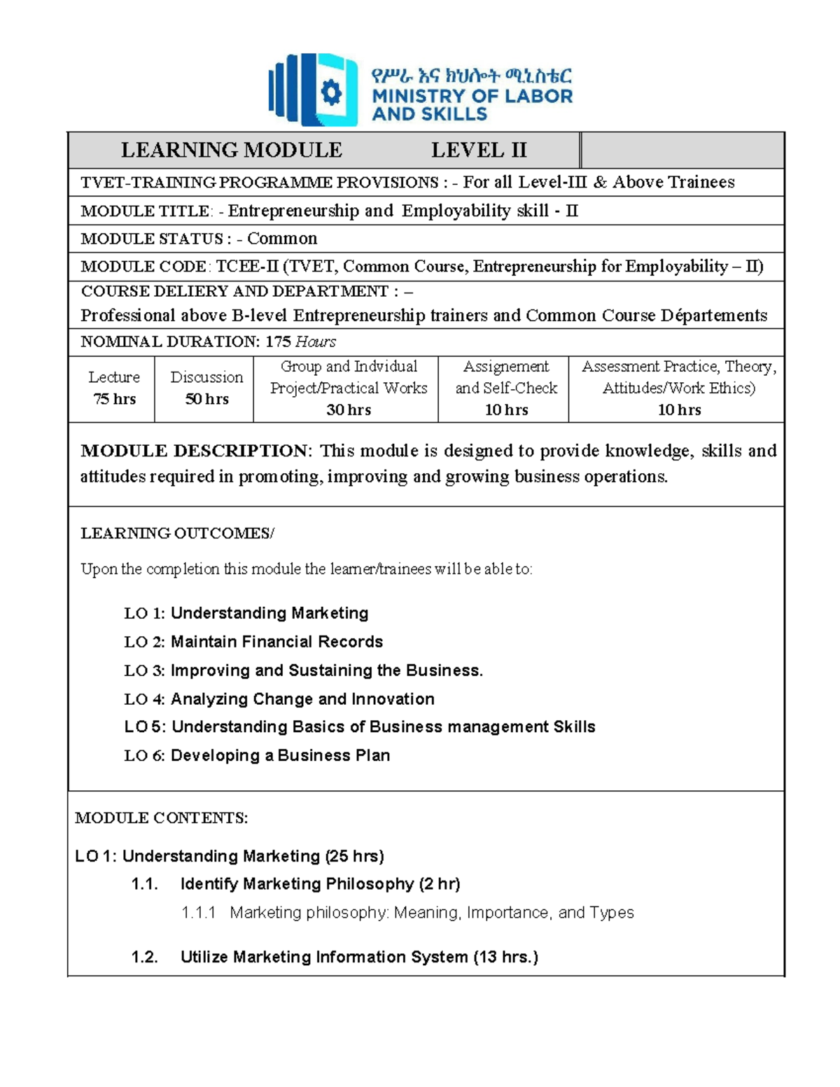 Module II - Entrepreneurship & Employability Skills (TCEE-II) Overview ...