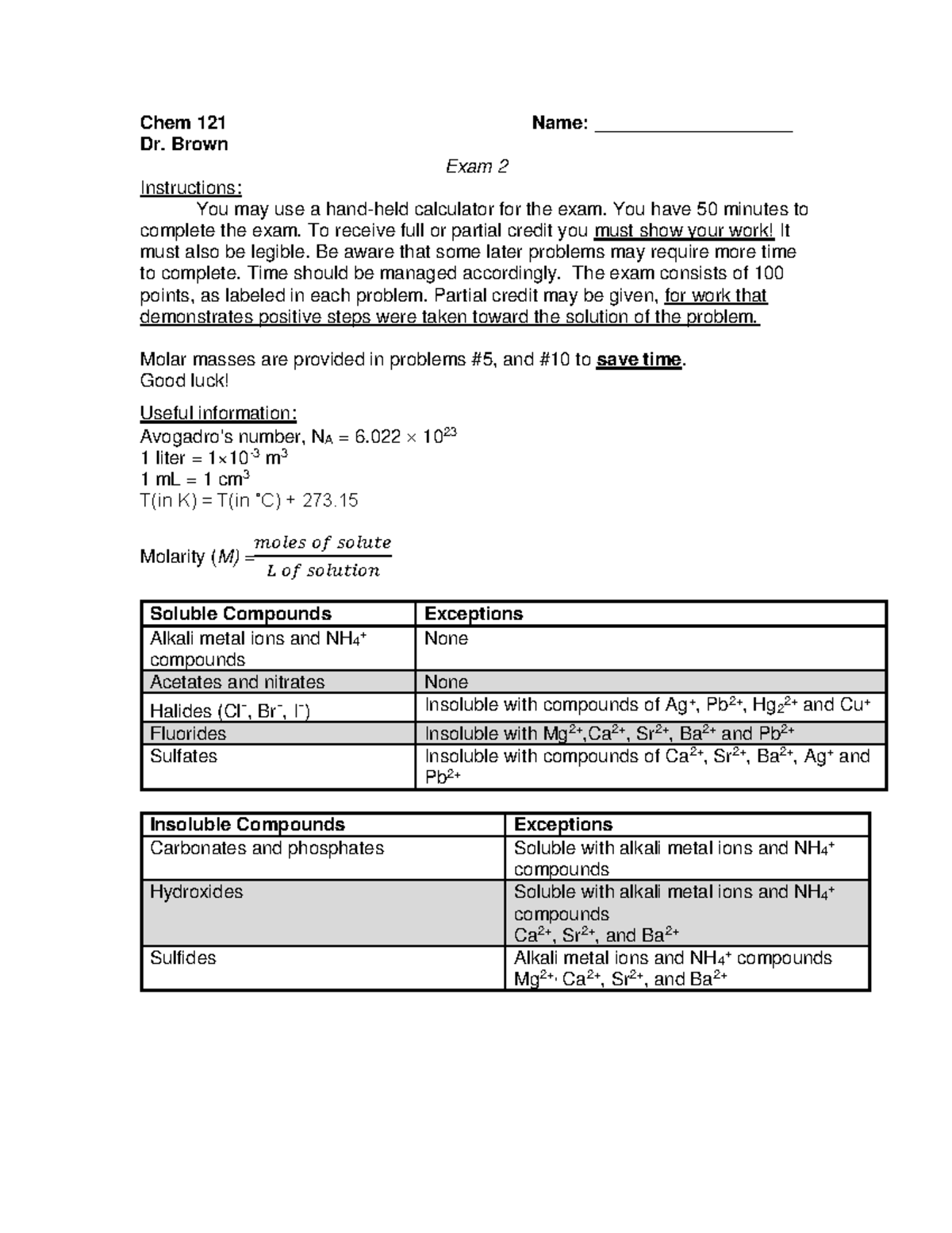 Chem 121: Exam 2 - Comprehensive Problems & Solutions - Studocu