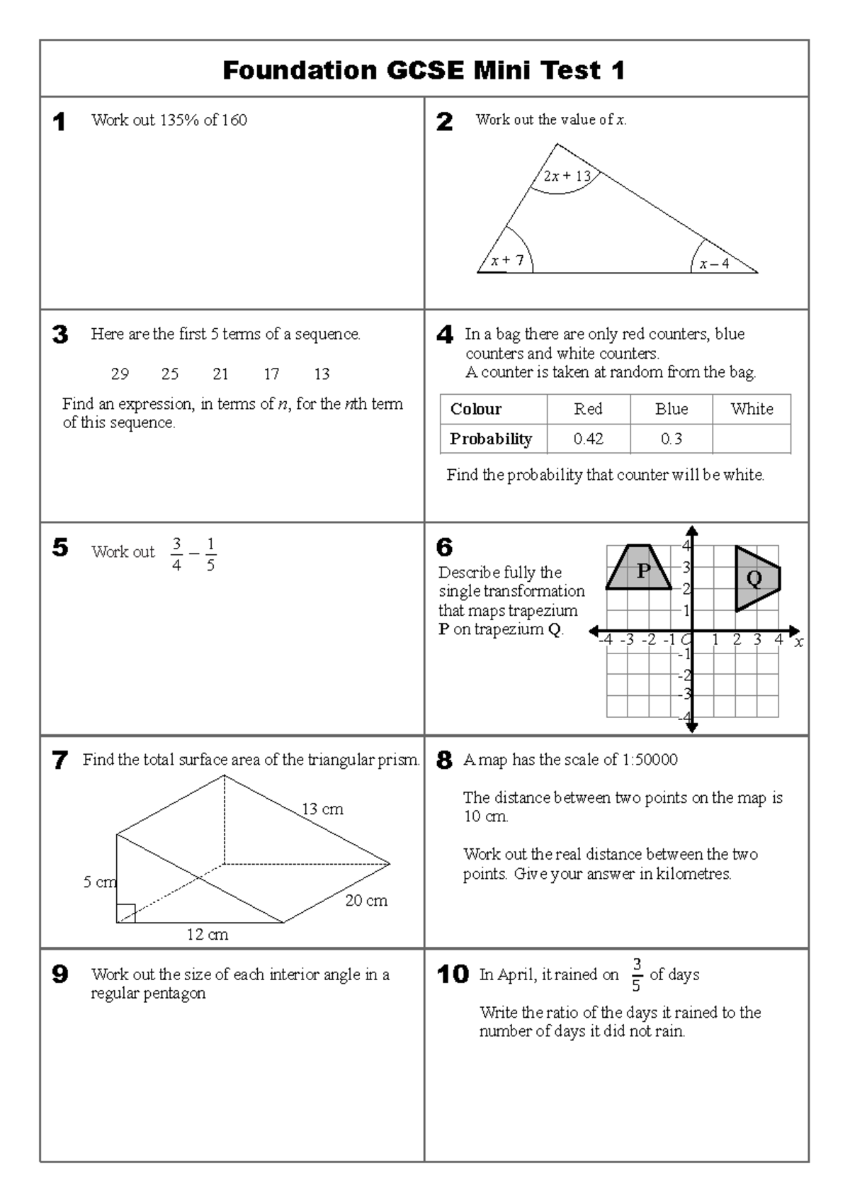Foundation GCSE Mini Test 1: Quick Revision Guide - Studocu