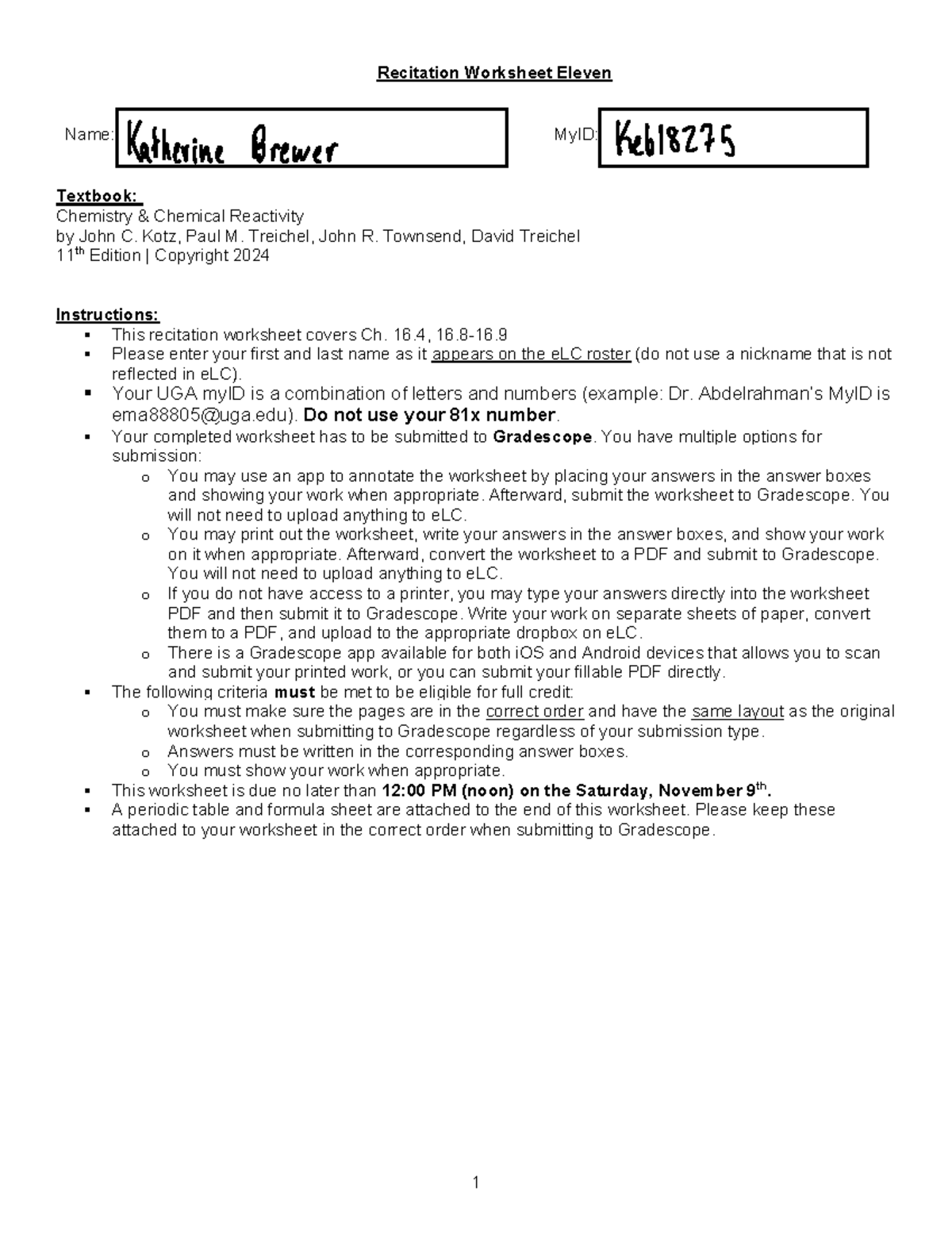 Recitation Worksheet Eleven - Recitation Worksheet Eleven Name: MyID ...