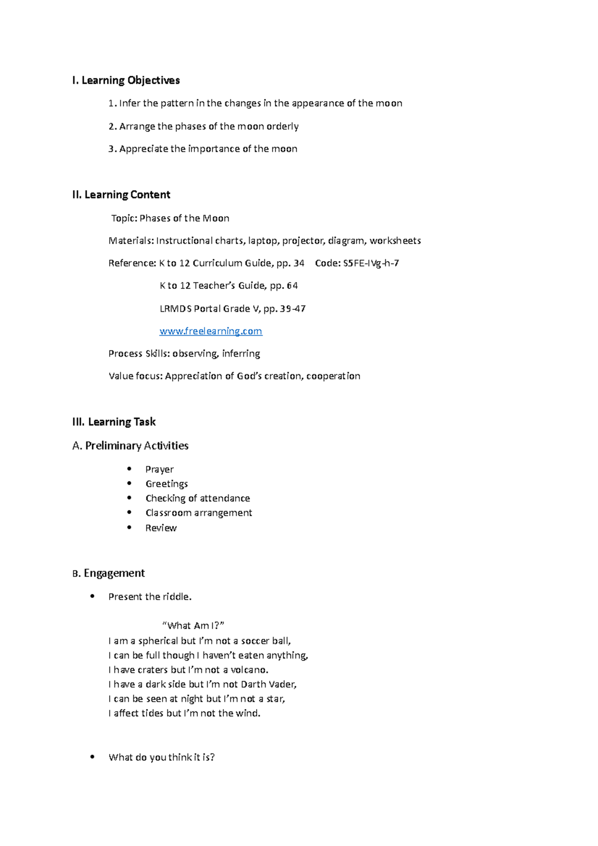 S5FE-IVg-h - Lesson Plan on Phases of the Moon and Activities - Studocu