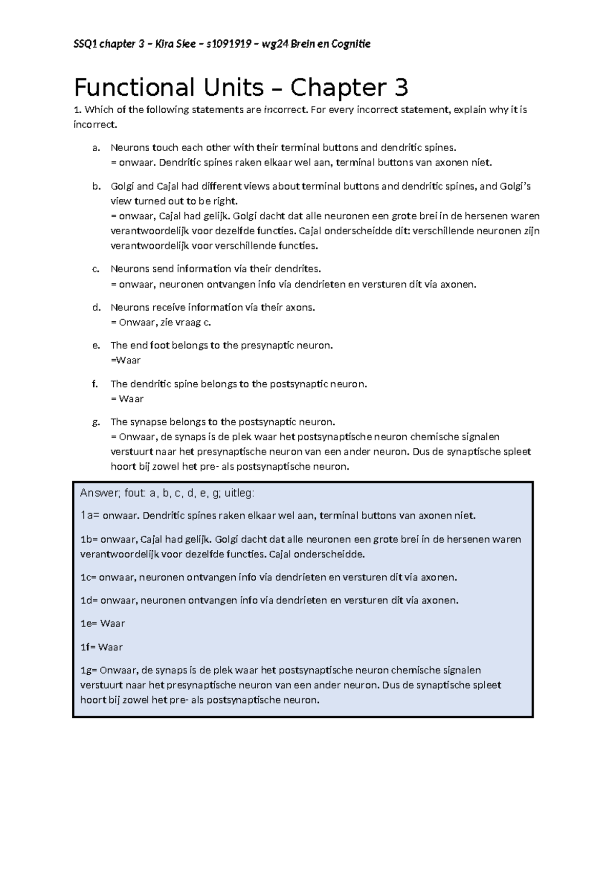 SSQ1 Chapter 3 - Functional Units in Brein en Cognitie - Kira Slee ...