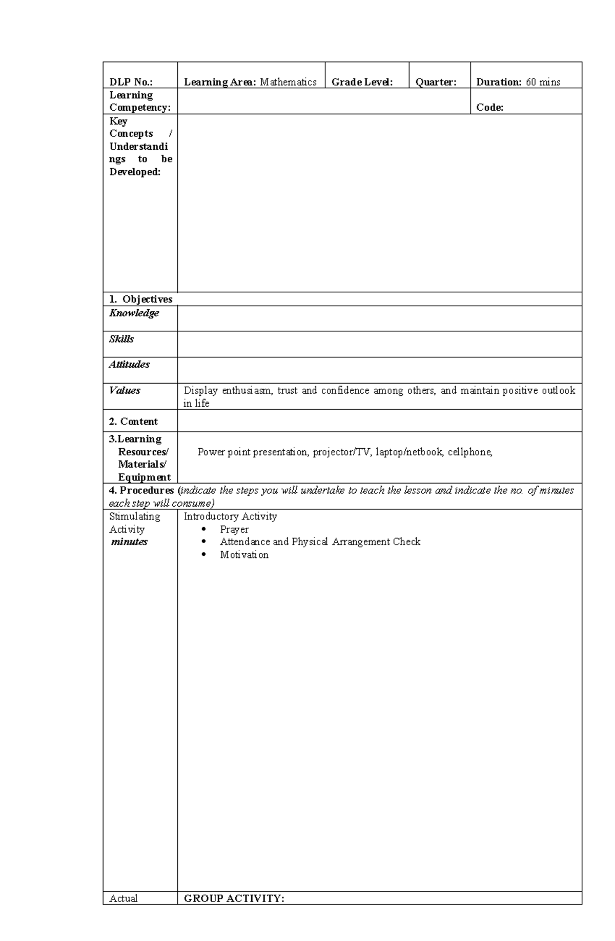 LP-Template-1: Lesson Plan for Mathematics - Key Concepts & Activities ...