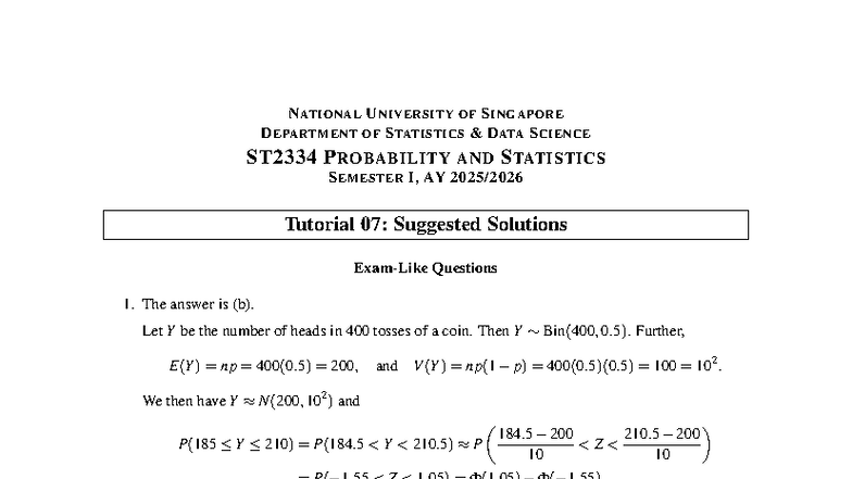 ST2334 Tutorial 07: Suggested Solutions for Probability & Statistics ...