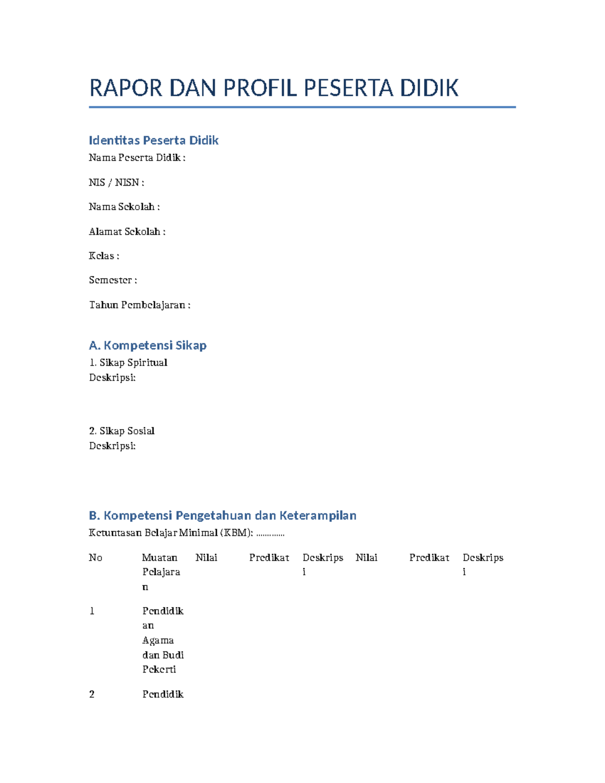 Format Rapor Kosong Peserta Didik - Identitas dan Kompetensi - Studocu