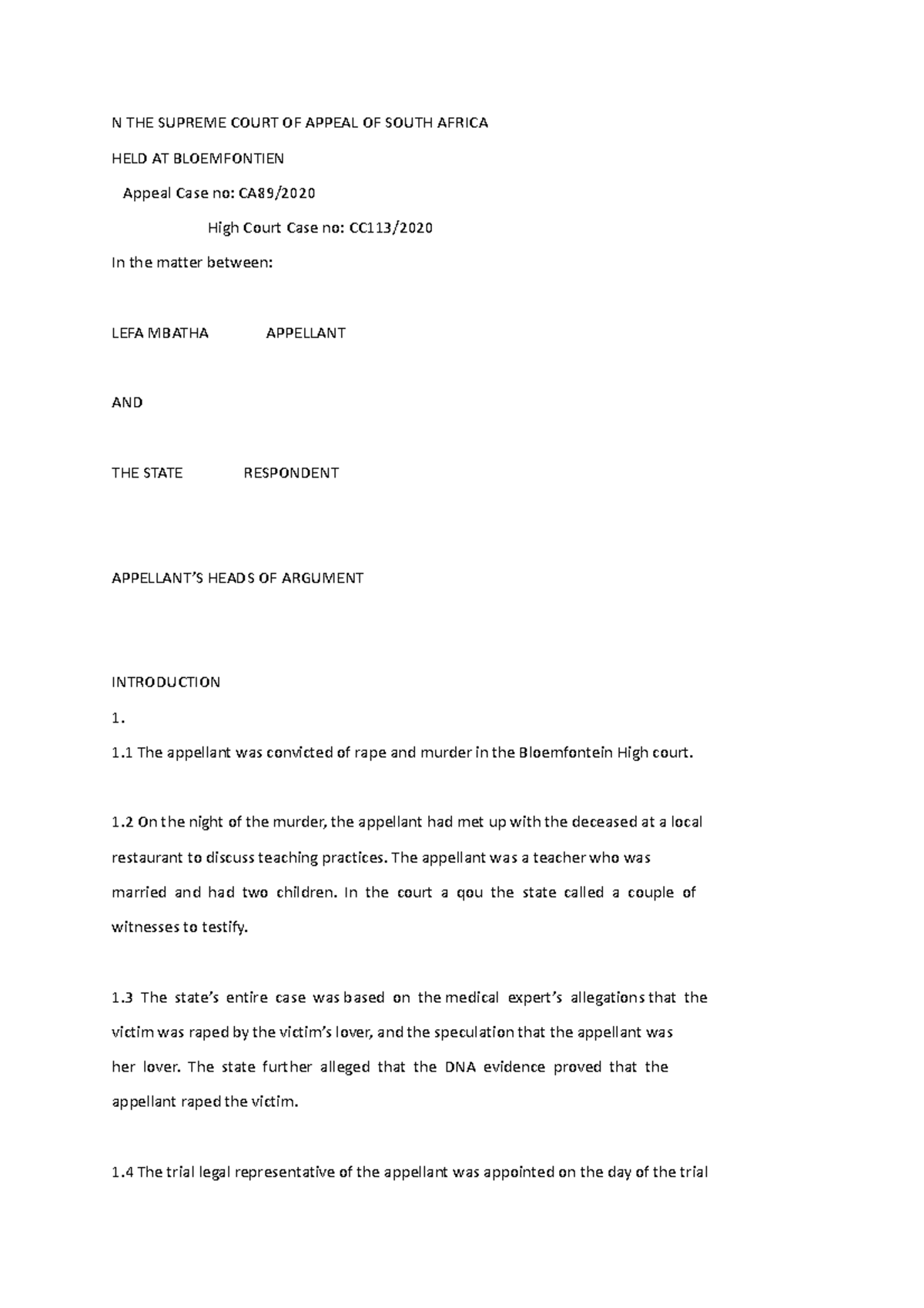 CA89/CC113 Appellant's Heads of Argument: Legal Representation Issues ...