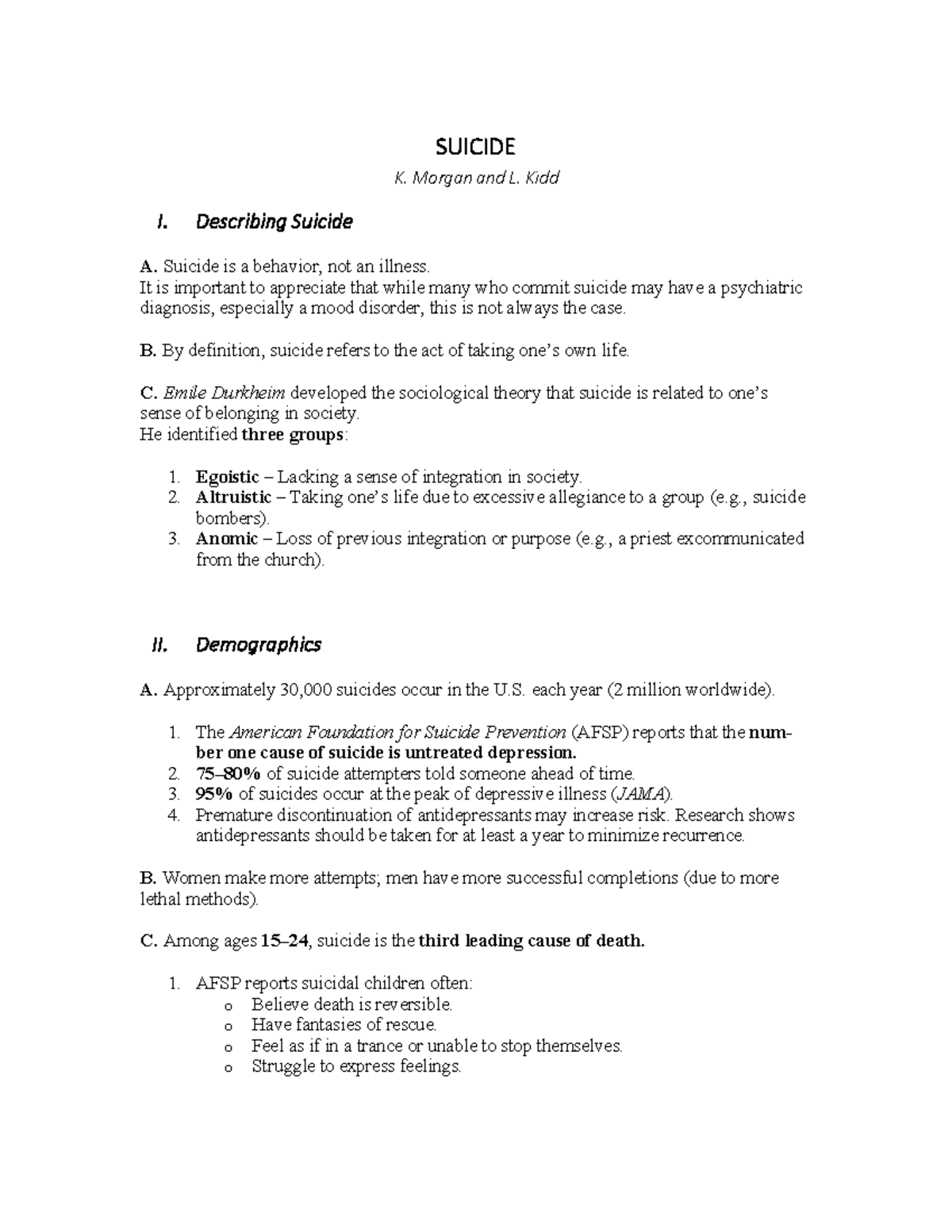 SUICIDE Lecture Notes: Understanding Causes, Demographics, and ...