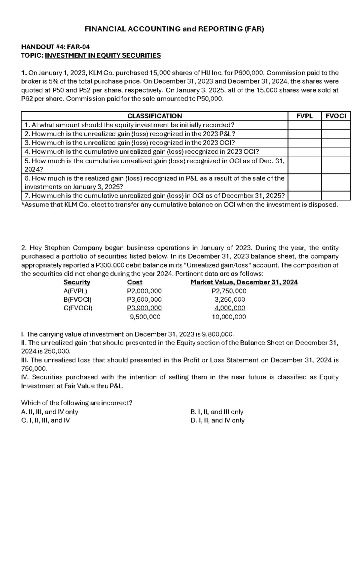 FAR Handouts: Investment in Equity Securities Analysis and Calculations ...