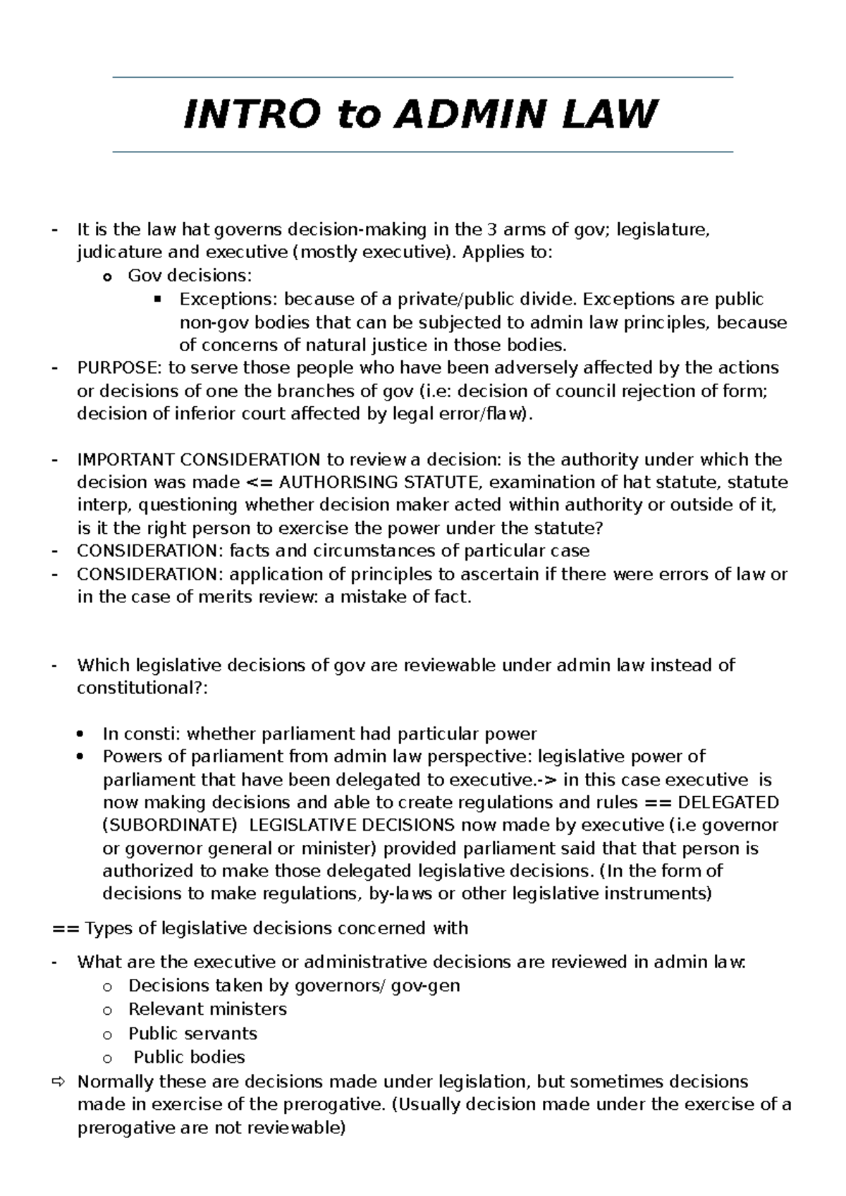 Admin Law - Lecture Notes and Tutorial Insights (LAW101) - Studocu