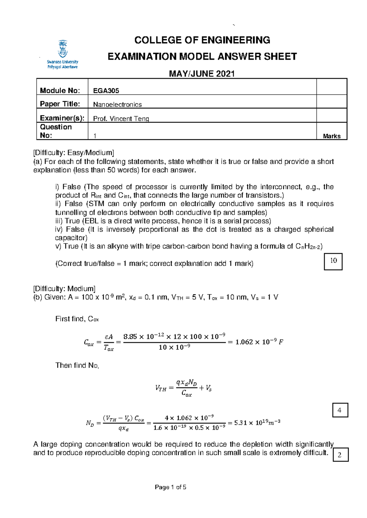 EGA305 Exam Solutions Jun 21 - COLLEGE OF ENGINEERING EXAMINATION MODEL ...