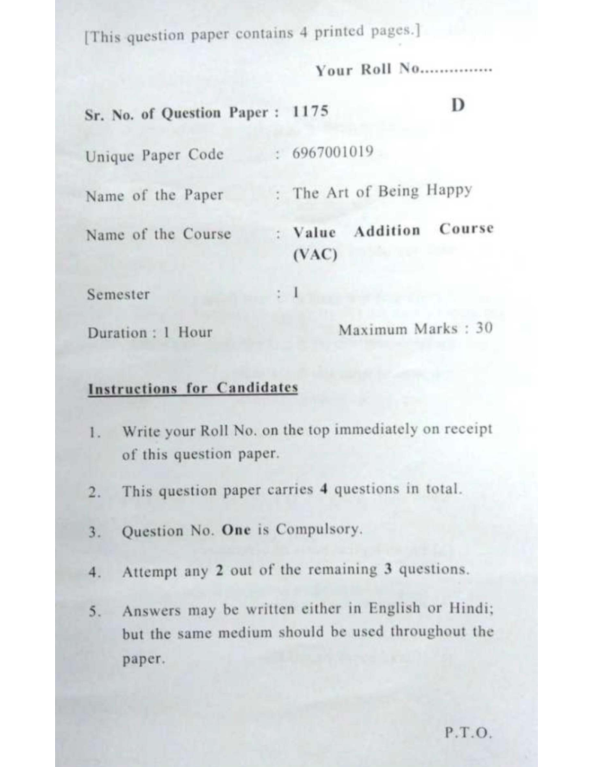 VAC Semester I Question Paper: The Art of Being Happy - Studocu