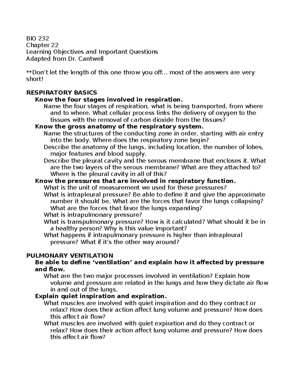 BIO 232 Final Exam Review: Understanding Gas Transport and Respiration ...