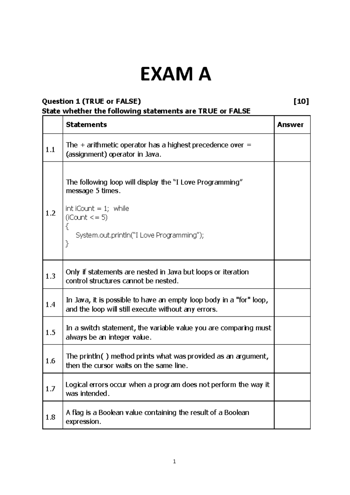 EXAM A - Java Programming Concepts and Questions - Studocu