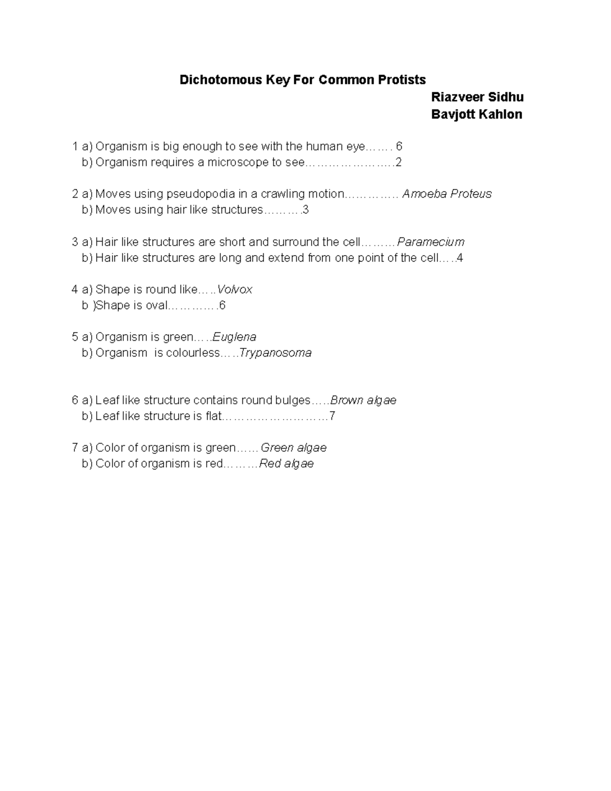 Bio 112 Lab 1: Dichotomous Key for Common Protists - Studocu