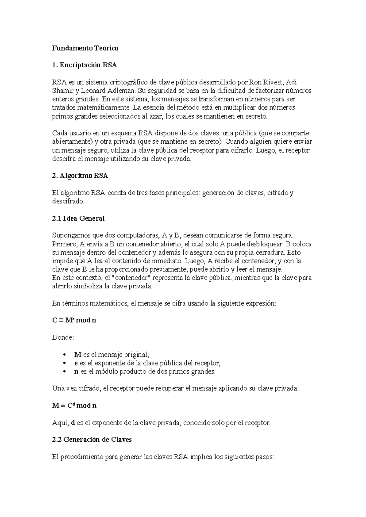 Fundamento Teórico 1: Encriptación RSA y Algoritmo de Claves - Studocu