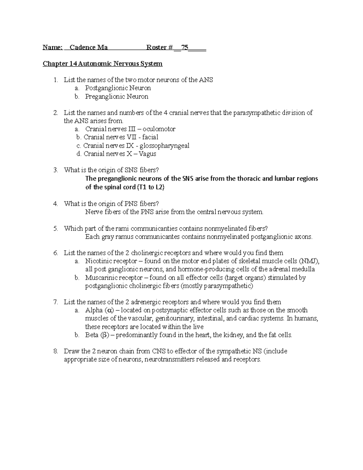 ANS Worksheet: Chapter 14 - Autonomic Nervous System Insights - Studocu