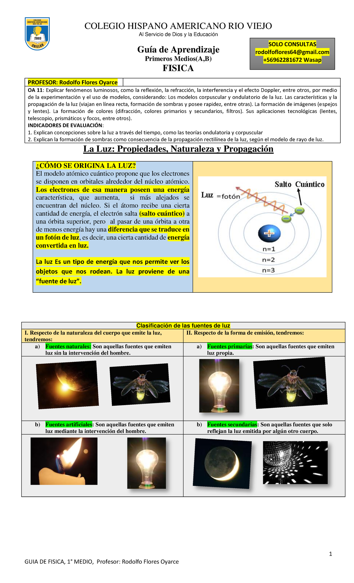 Guía de Aprendizaje: FISICA 1° Medios LUZ 1 - Fenómenos Luminosos - Document Preview