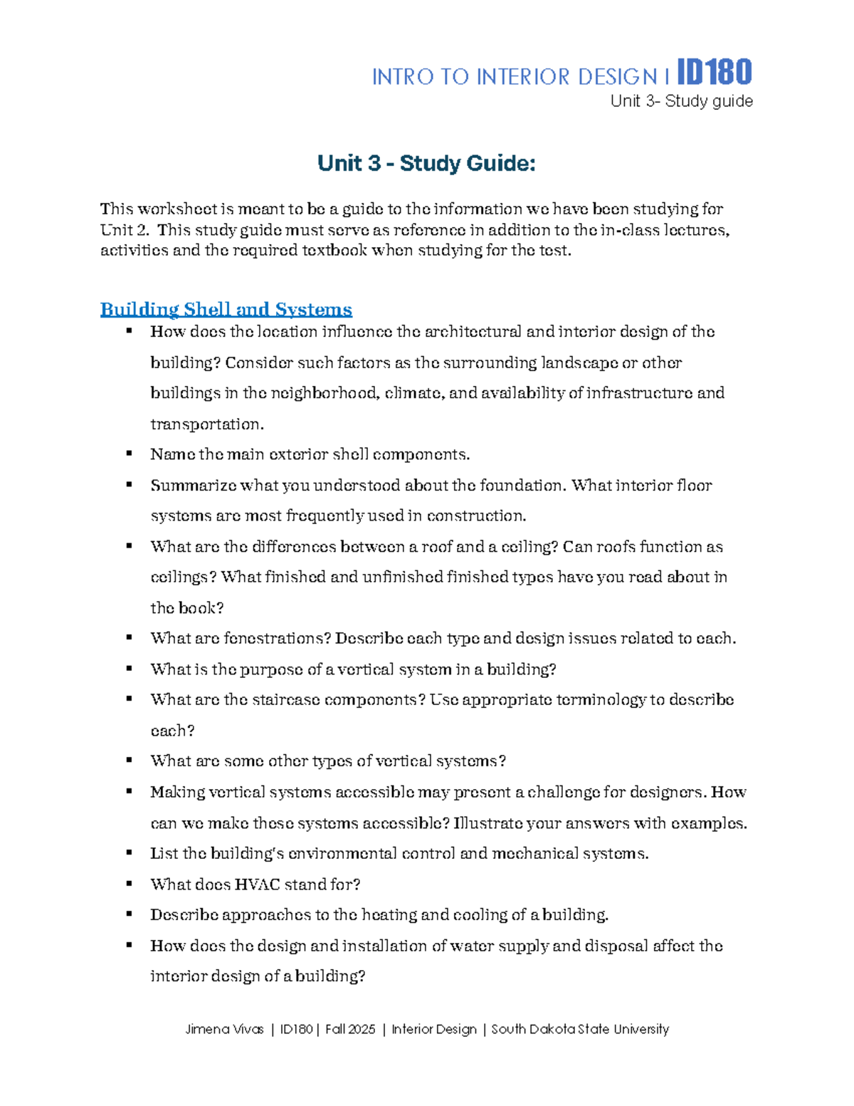 ID180 Unit 3 Study Guide: Building Shell and Systems - Studocu