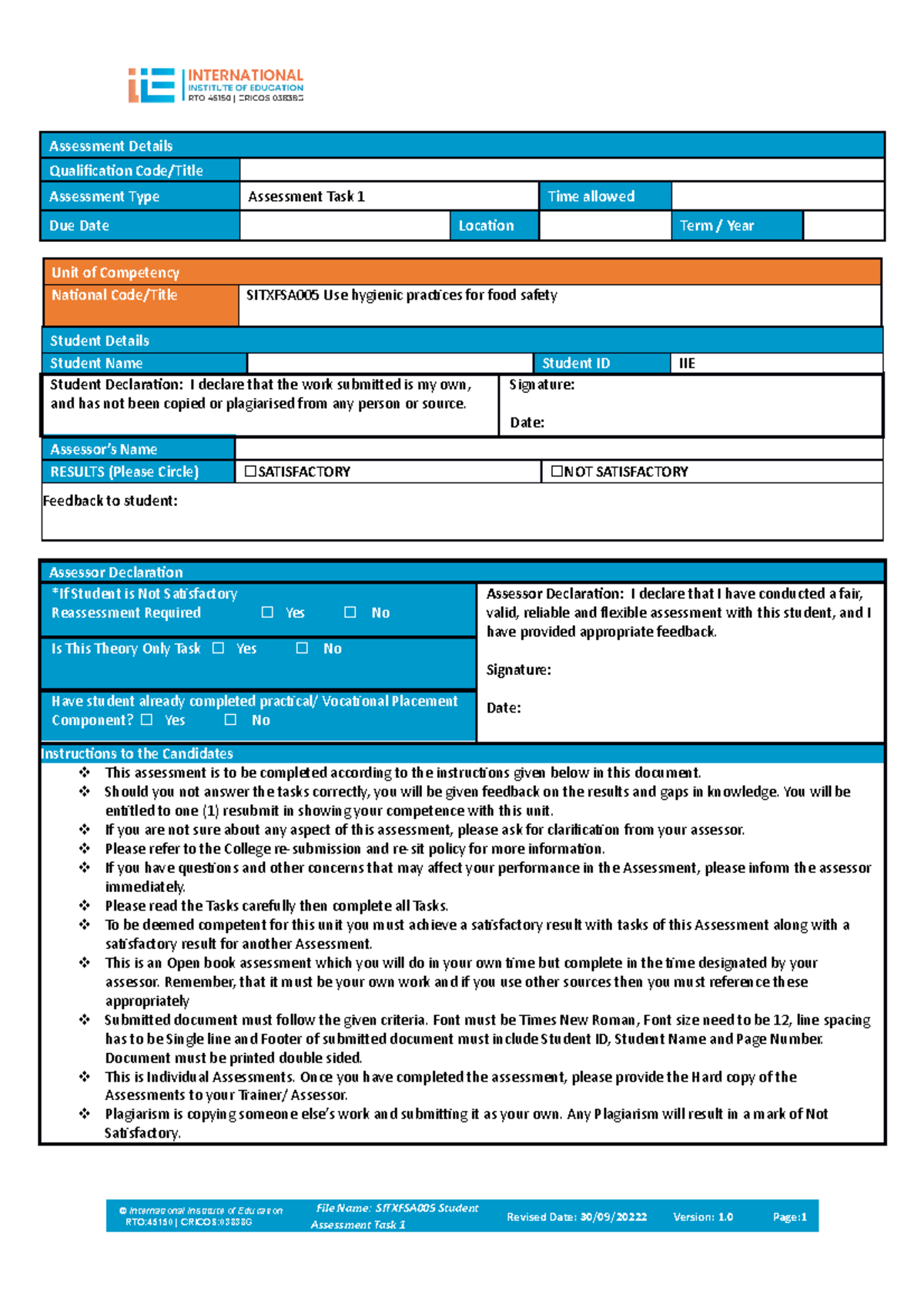 SITXFSA005 Assessment Task 1: Food Safety Practices and Guidelines ...