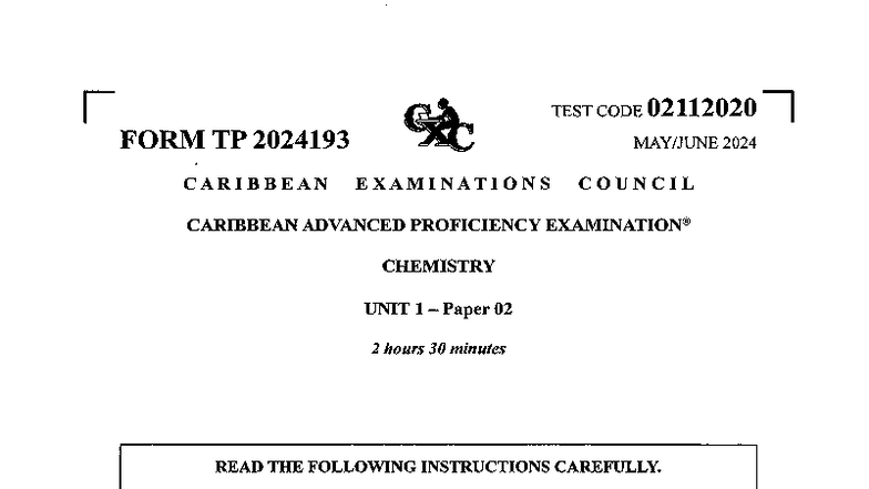 CAPE Chemistry Unit 1 Paper 2 2024 Exam Instructions and Questions ...