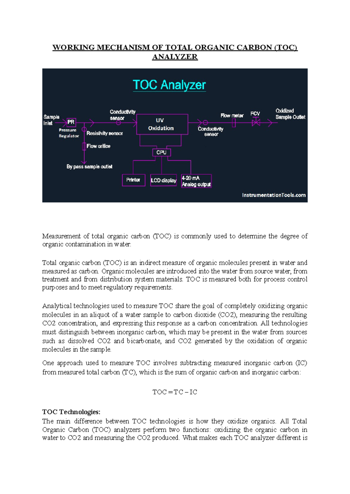 Working Mechanism of Total Organic Carbon (TOC) Analyzer - Studocu