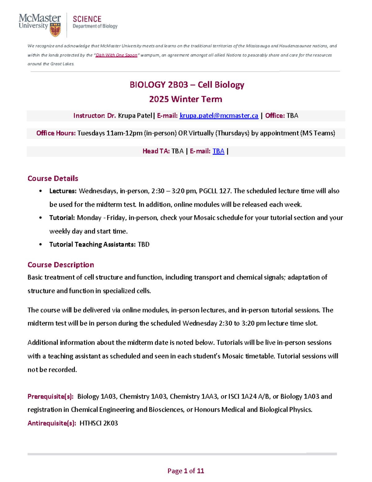 BIO 2B03 W2025 Cell Biology Course Syllabus and Important Details - Studocu