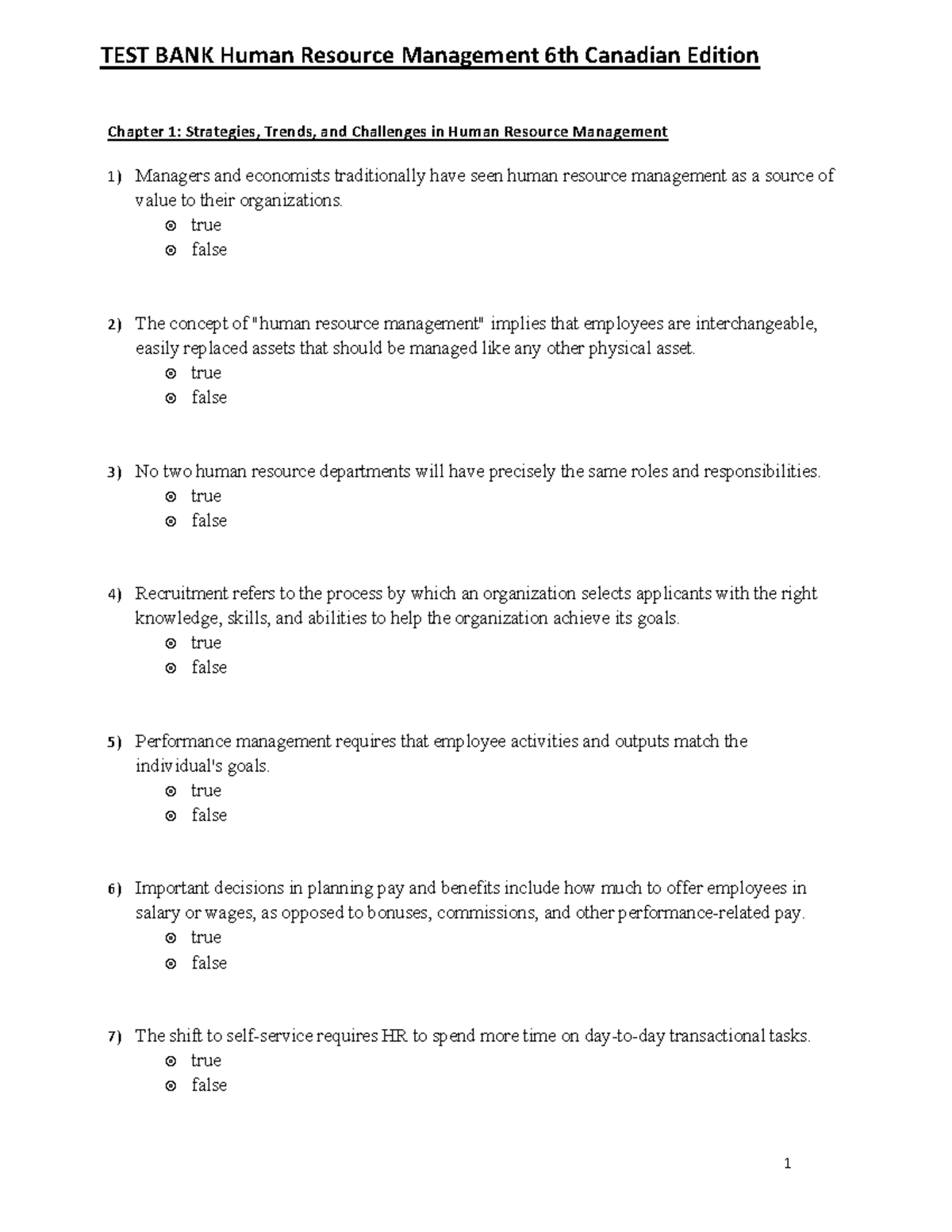 TEST BANK HRM 6th Canadian Ed. Ch. 1: Strategies, Trends & Challenges ...