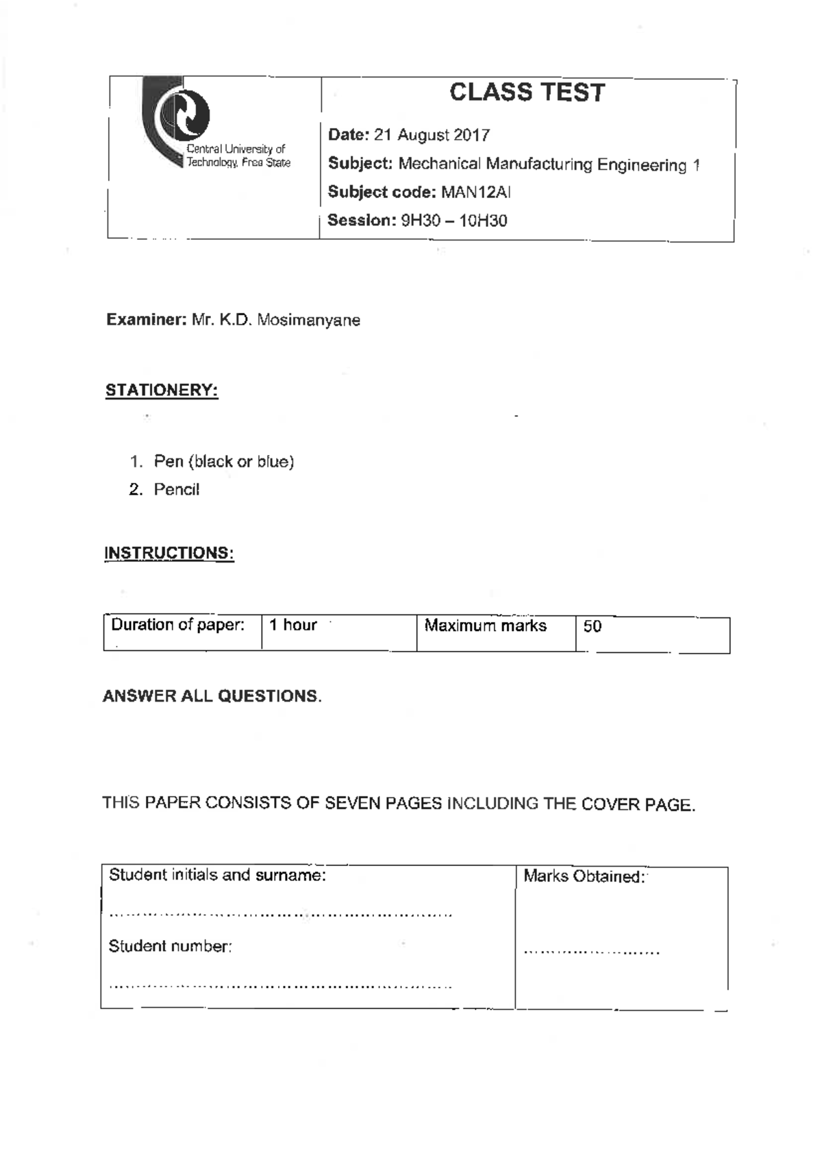 Midterm Exam Review Notes for Course Code: ABC123 - CLASS TEST Date: 21 ...