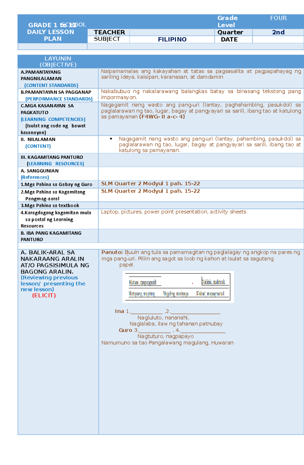 Filipino 4 COT 1 - Grade 1 to 12 Daily Lesson Plan Guide - Studocu