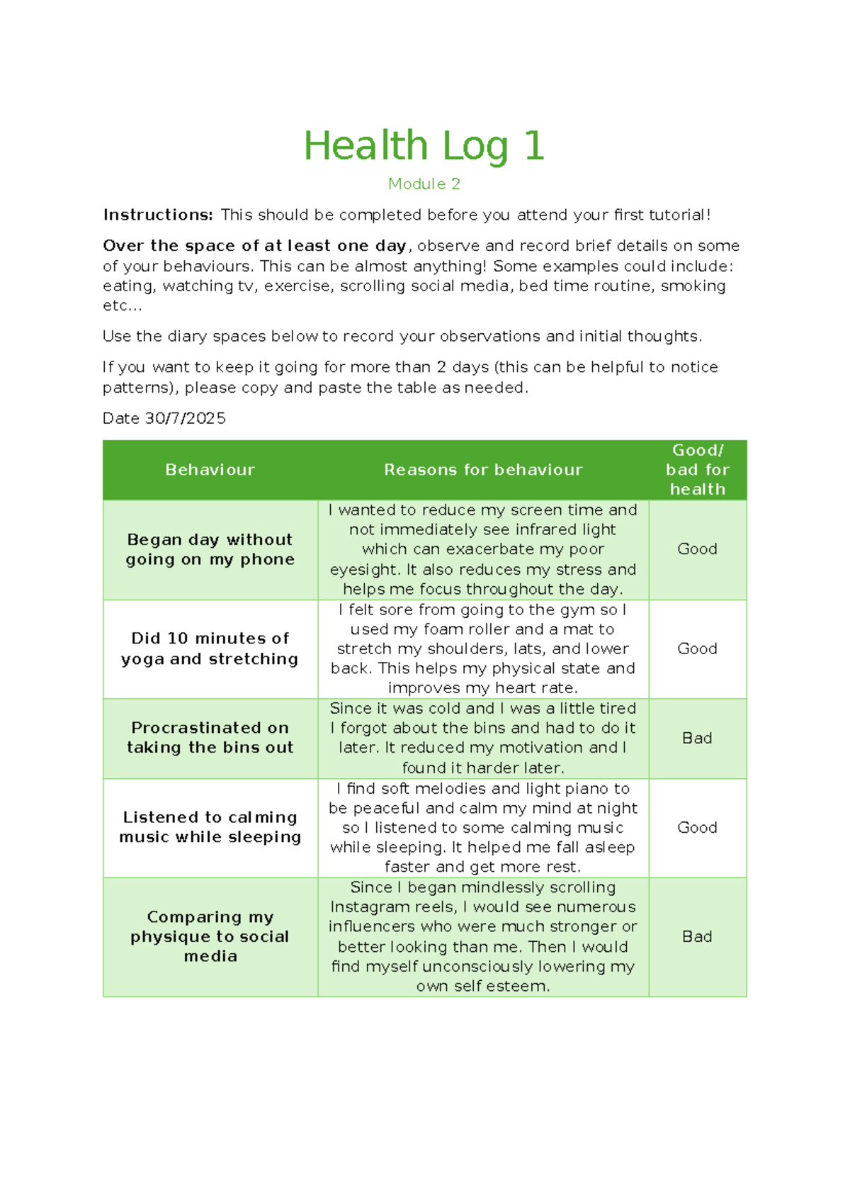 Health Log 1 & 2: Observations and Behaviour Change Strategies for ...