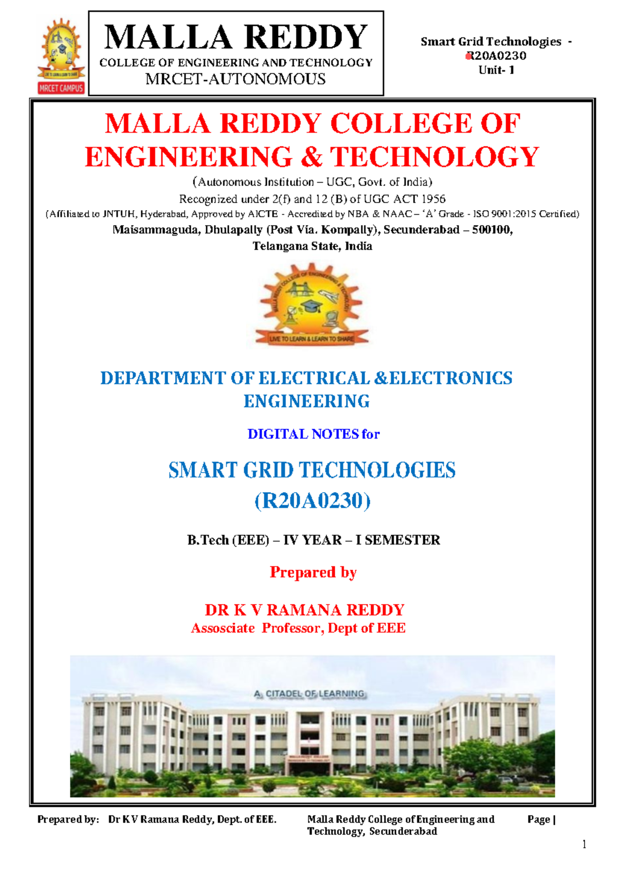 SEG R20A02 - Digital Notes on Smart Grid Technologies for EEE - Studocu