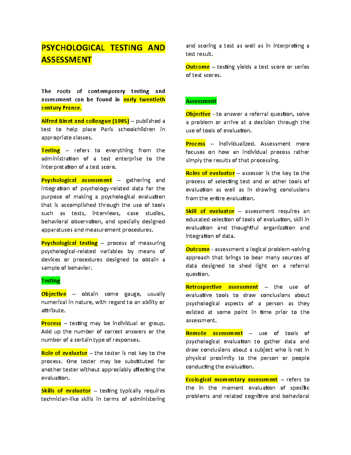 Psychological Testing AND Assessment Notes - PSYCHOLOGICAL TESTING AND ...