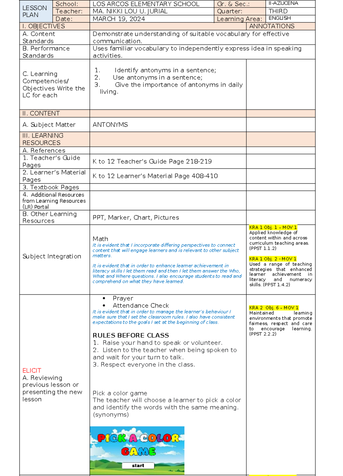 Antonyms LP Final - Detailed Lesson Plan for Grade II-Azucena - Studocu