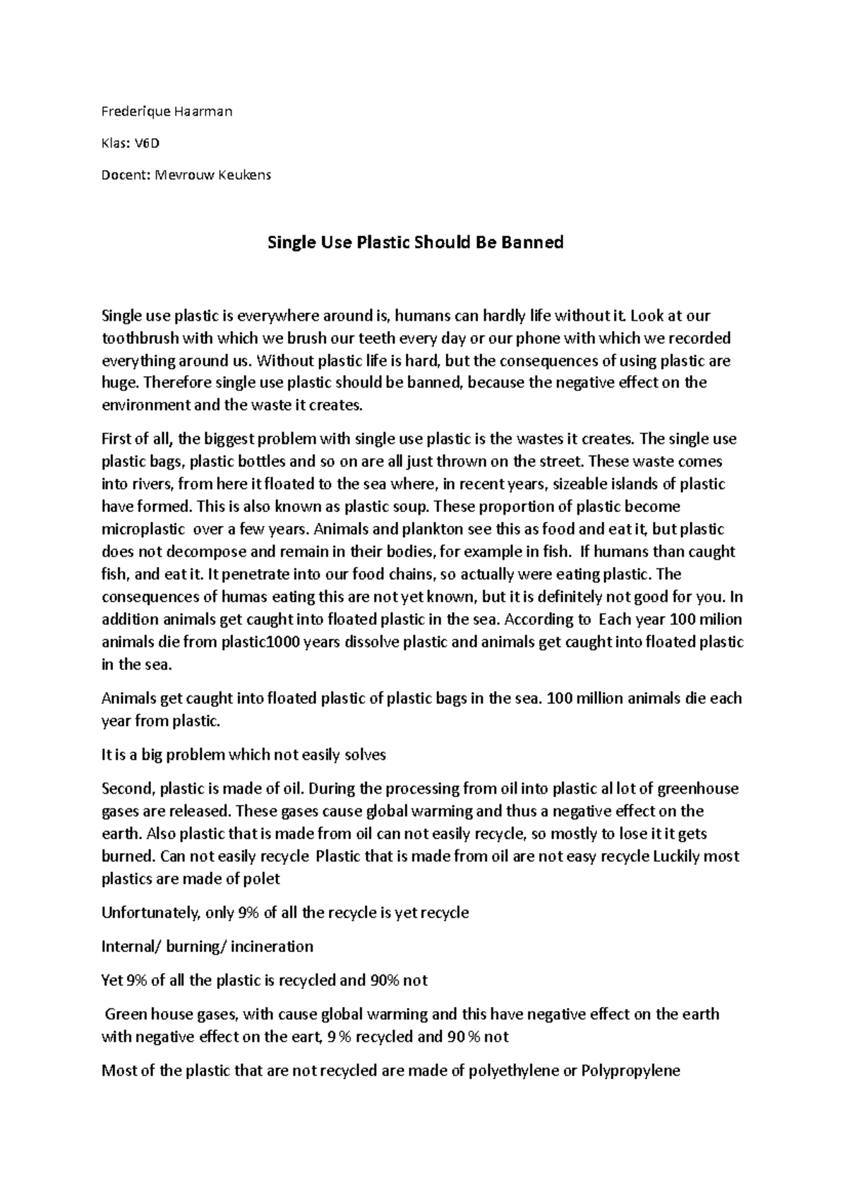 Essay Toets V6D: The Case for Banning Single-Use Plastics - Studeersnel