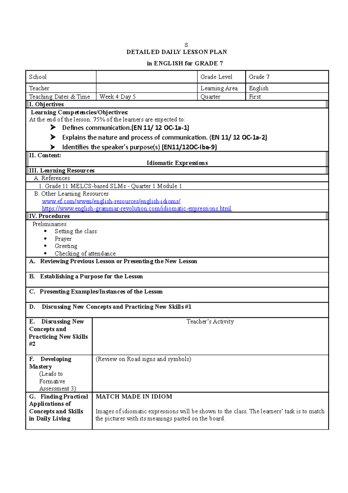 COT 1 Lesson Plan on Idioms for Grade 7 English Students - Studocu